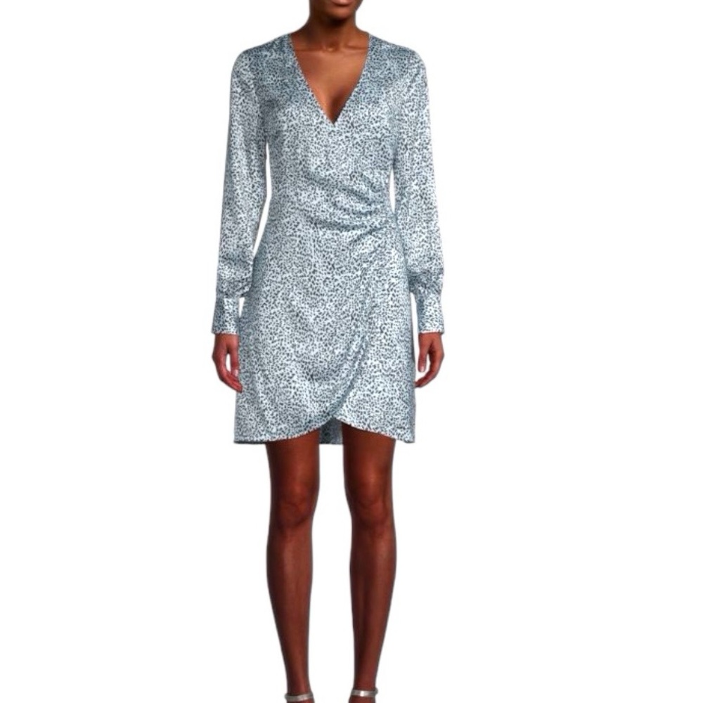Cupcakes and Cashmere Long Sleeve Animal Print Wrap Mini Dress Blue Black Party